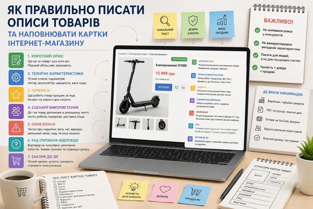 правила оформлення сторінок товарів для електросамокатів, електровелосипедів, техніки, запчастин тощо.