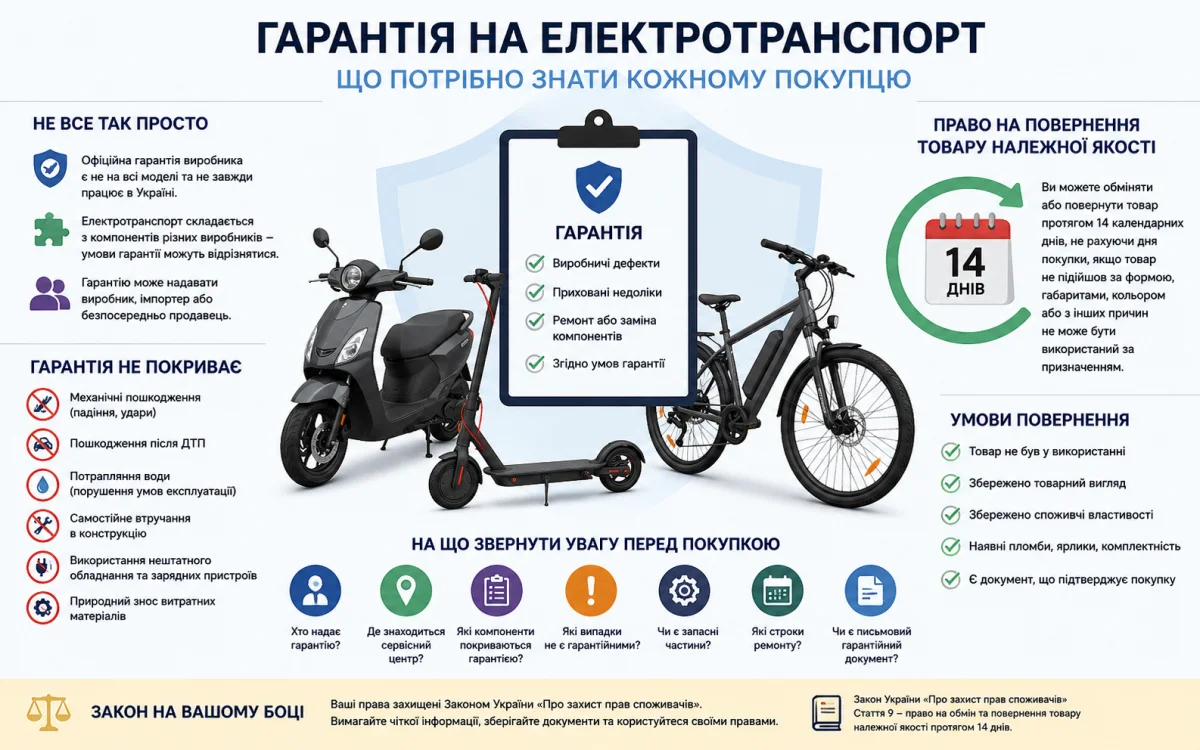 Гарантія на електросамокат, електровелосипед та електроскутер: що потрібно знати покупцю в Україні